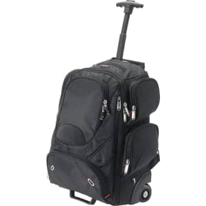 A black wheeled backpack with multiple compartments and a retractable handle. It features zippers and a wheel base.