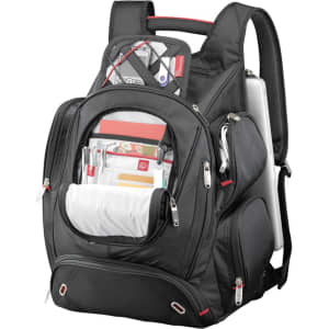A black backpack with multiple compartments, zippers, and a laptop sleeve, featuring a logo on the front.