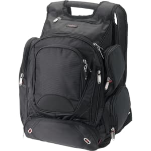 A black checkpoint-friendly backpack with multiple compartments and zippers, featuring a logo.