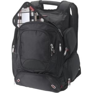 A black checkpoint-friendly laptop backpack with multiple compartments and zippers, featuring a handle on top.