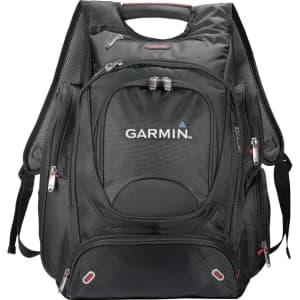 A black backpack with multiple compartments and mesh side pockets, featuring a branding logo on the front.
