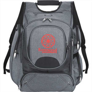 A grey backpack with multiple zippered compartments and a logo on the front. Designed to hold a laptop and other essentials.