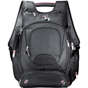 A black backpack with multiple zippered pockets, featuring padded straps and a structured design, ideal for carrying laptops and accessories.