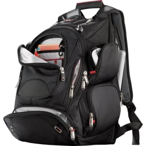 A black backpack featuring multiple compartments and zippers, designed to hold a laptop and other essentials.