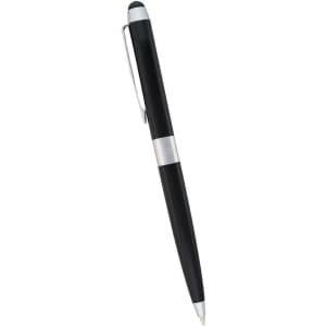 A black dual ballpoint stylus pen with a silver band and a clip for easy attachment.