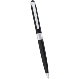 A black and silver dual ballpoint stylus pen with a sleek design and a clip for easy attachment.