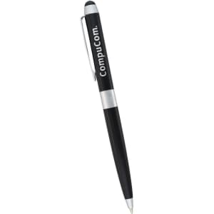 A black stylus pen with a silver accent and a clip; features a branding logo.