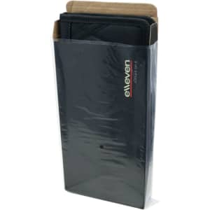 A slim black travel wallet packaged in a transparent cover, featuring a logo on one side.
