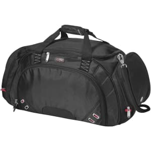 A black duffel bag with multiple compartments, handles, and a shoulder strap. It features logos and branding.