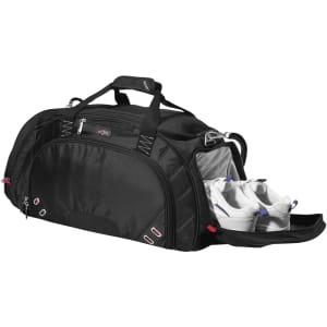 A black duffel bag with a zippered compartment displaying a pair of white sneakers. The bag features a logo.