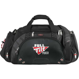 A black duffel bag with multiple compartments, featuring a logo and adjustable shoulder strap.