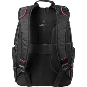 A black backpack with red accents, featuring padded straps and multiple compartments. It has a logo on the back.