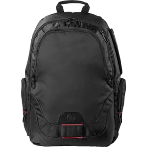 A black backpack with multiple compartments and pockets, featuring a logo on the front. Suitable for laptops.