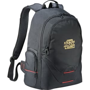 A black laptop backpack with multiple compartments, padded straps, and a logo on the front.