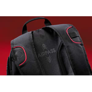 A black backpack featuring red accents and a branded logo on the back panel.