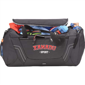 A black duffel bag with multiple compartments, featuring various sports equipment and a logo on the front.