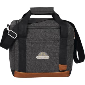 A cooler bag in grey with brown accents, featuring two handles and a shoulder strap, for transporting drinks.