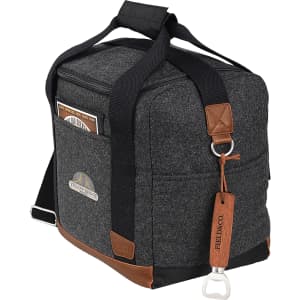 A drink bottle cooler bag in grey with brown accents, featuring a shoulder strap and a bottle opener attachment.