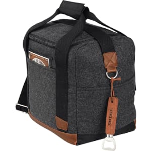A drink bottle cooler bag in grey with brown accents, featuring a shoulder strap and a bottle opener attachment.