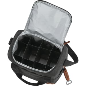 A dark grey cooler bag with a silver interior and multiple compartments for bottle storage. It has a logo.