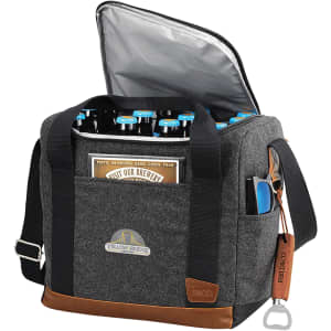A drink bottle cooler bag in grey with brown accents, featuring an open top and bottle opener attached.