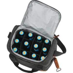 A drink bottle cooler bag in grey and green, featuring compartments for twelve bottles and a silver insulated interior.