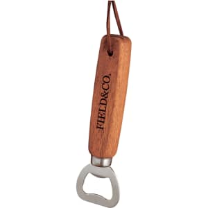 A bottle opener with a wooden handle and metal end, featuring branding on the handle.