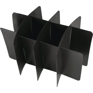 A black, multi-section organiser with several upright compartments, designed for holding various items.