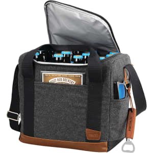 A grey and brown cooler bag with an insulated interior, holding bottles and featuring a bottle opener and logo.