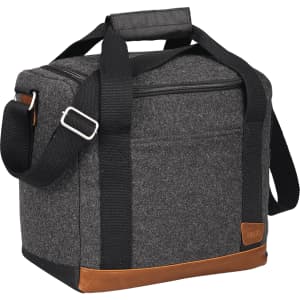 A drink bottle cooler bag in grey with black straps and a brown base, featuring a logo on the side.