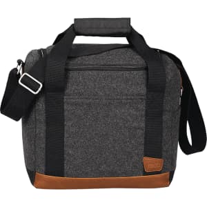 A drink bottle cooler bag in grey fabric with black straps and brown leather accents, featuring a branding logo.