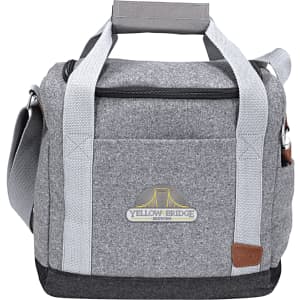 A grey cooler bag with grey straps, featuring a logo, designed to hold up to 12 drink bottles.