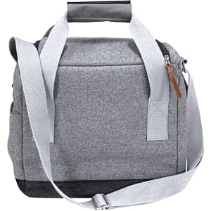 A grey cooler bag with a shoulder strap and handles, featuring a zip closure and side pockets.
