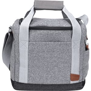 A drink bottle cooler bag in grey fabric with grey straps and a brown leather logo patch, designed for 12 bottles.