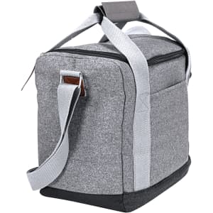 A grey cooler bag with a sturdy handle and adjustable strap, designed to hold up to 12 bottles.