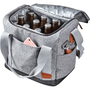 A grey cooler bag with a zippered top, holding six drink bottles and featuring a front pocket.