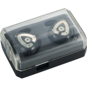 True wireless Bluetooth earbuds in a transparent charging case, featuring a black and silver design.