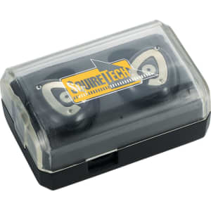 A pair of true wireless Bluetooth earbuds in a transparent case, featuring a logo on the surface. The earbuds are black and silver.