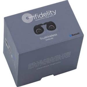 A navy blue box containing True Wireless Bluetooth Earbuds with a logo and graphic design on the front.