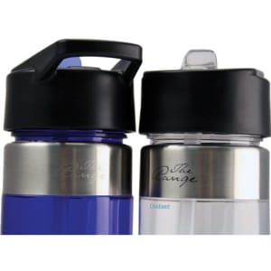 A drink bottle in blue and silver, featuring two different black lids and a logo on the body.