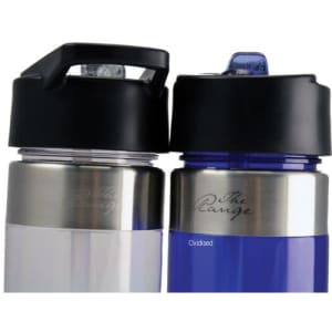 A drink bottle featuring a black lid, stainless steel base, and a combination of clear and blue body. It includes a logo.