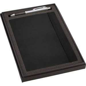 A black gift set featuring a journal and a silver pen, presented in a stylish black box with an insert.