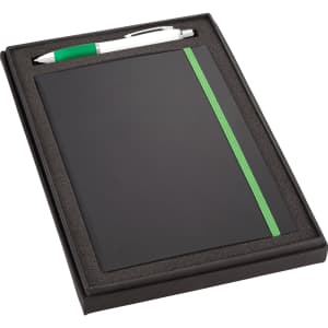 A gift set featuring a black JB1001 journal with a green elastic band and a silver Nash pen, presented in a stylish box.
