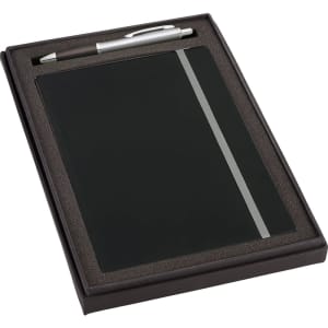 A black JB1001 journal and silver Nash pen set, presented in a sleek black gift box with a foam insert.