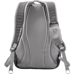 A grey backpack with padded straps and a side pocket, featuring a logo on the side.