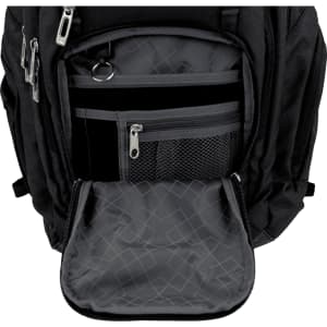 A black laptop backpack with multiple pockets and a large front compartment. It has a branded logo.