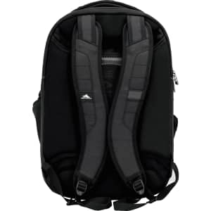 A black laptop backpack featuring padded straps, a mesh back panel, and a logo on the design.