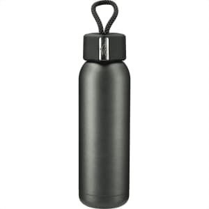 A drink bottle with a sleek black finish, featuring a carry loop and a logo on the cap.