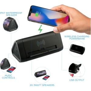 A black powerbank with wireless charging features, dual speakers, and an IPX7 waterproof rating. It includes music controls.