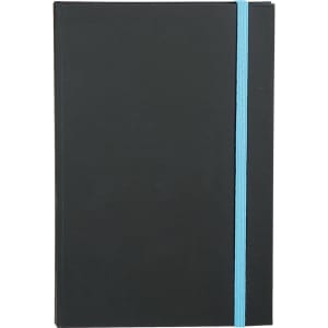 A black journal with a teal elastic band, featuring a sleek, minimalist design and a logo on the cover.